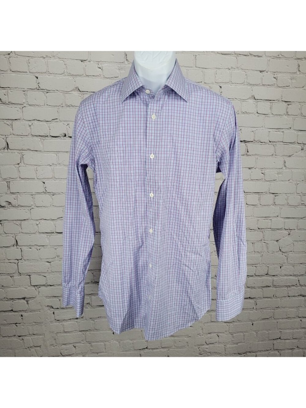 Bonobos Blue Purple Stretch Slim Fit Check Long Sleeve Shirt Size Medium M 15.5